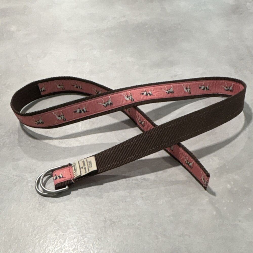Y2K L.L. Bean Women’s Brown D-Ring belt With Pointer Dogs on Pink Background - Picture 4 of 5